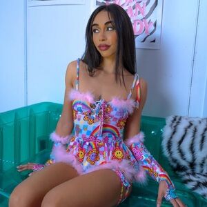 BABYDOLL CLOTHING Rainbow Smiley Bodysuit Festival Rave Set